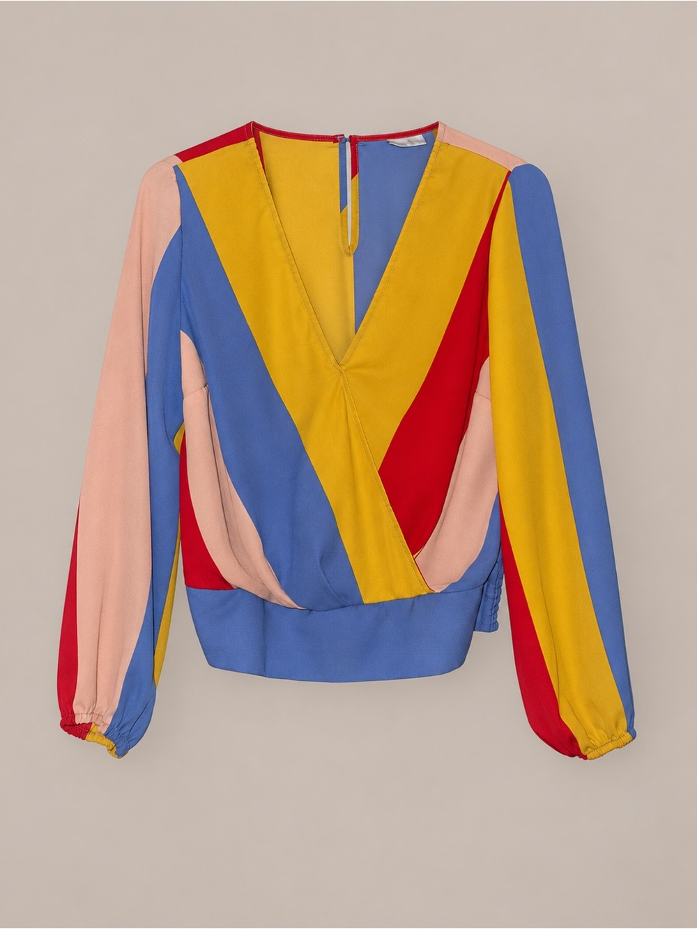 New York & Company Colorblock Wrap Blouse Size M Smocked Long Sleeve Top